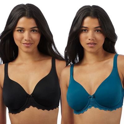 Pack of two black and dark turquoise lace t-shirt bras